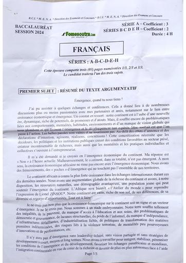 Sujet Bac 2024 Français serie A2 BY TEHUA