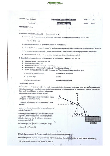 Sujet de Physique-Chimie Première C Lycée Classique Abidjan