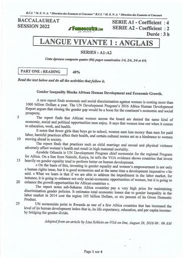 EPREUVE ET CORRIGE BAC 2022 LV1 ANGLAIS SERIES A1 A2 COTE D'IVOIRE avec bareme by TEHUA