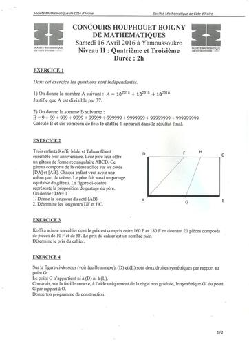 Concours-Houphouet-Boigny-Maths 2016-Niveau 4e-3e by DJAHA