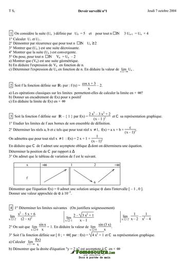 Devoir surveillé (3) et correction de Mathématiques niveau Terminale C, E et S