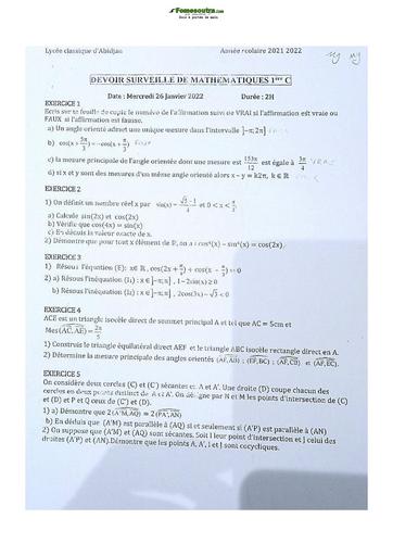 Devoir de Mathématique Première C 2021-2022 Lycée Classique Abidjan