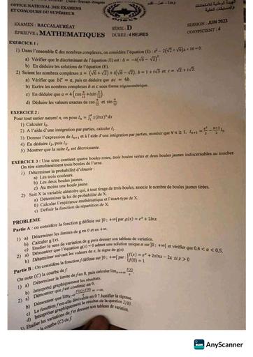 Bac D maths 2023
