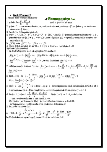 Corrigé Problème (2) Etude d'une Fonction Logarithme Népérienne - Maths Terminale D