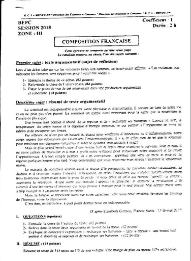 Sujet corrigé et barème Composition Française BEPC 2018 Zone 3