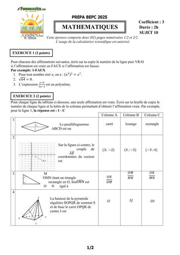 PREPA BEPC 2025  MATHS FICHE 10 BY TEHUA