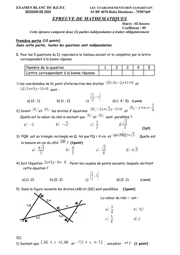 Sujet BEPC Blanc 2024 Maths Bon samaritain Bobo dioulasso