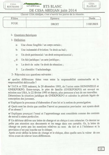 Sujet de Droit BTS blanc Filière FCGE - CESA Koumassi 2014