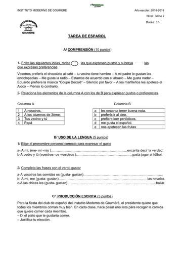 DEVOIR D'ESPAGNOL Niveau 3ième Collège MODERNE DE GOUMERE 2019 by TEHUA