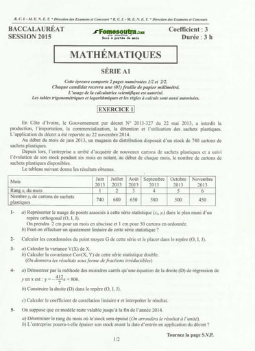 Sujet corrigé et barème de Maths BAC A1 2015