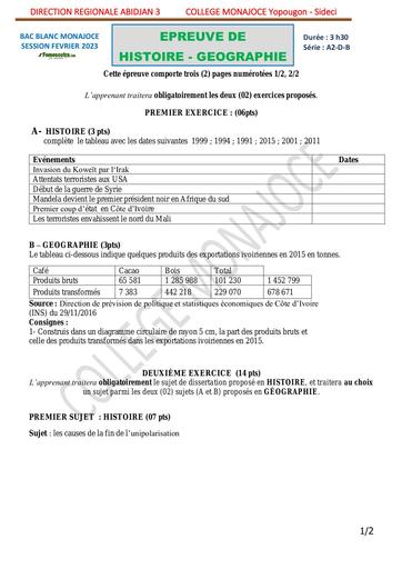 EPREUVE BAC BLANC 2023 HISTOIRE GEOGRAPHIE SERIE A2 B D COLLEGE MONAJOCE YOPOUGON COTE D'IVOIRE