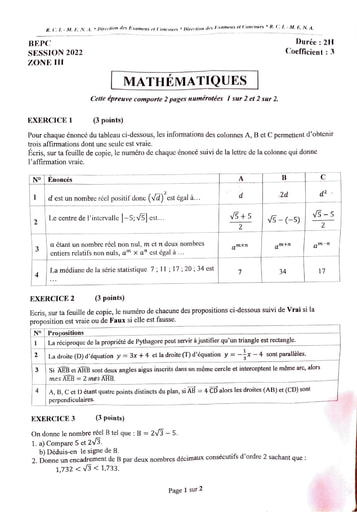 SUJET DE MATHS BEPC 2022 ZONE 3