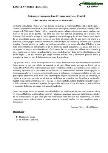 DEVOIR D'ESPAGNOL NIVEAU Tle A NINO SOLDADOS BY TEHUA