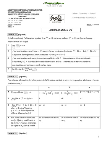 Devoir de Mathématiques niveau Terminale A - Lycée Moderne Jeunes Filles de Bouaké - Année scolaire 2021-2022