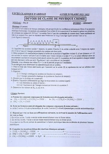 Sujet de Physique-Chimie Terminale D Lycée Classique Abidjan 21-22