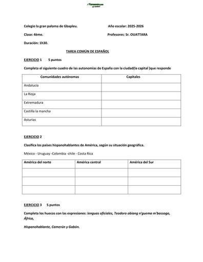 DEVOIR D'ESPAGNOL NIVEAU 4ième ( el mundo hispánico) GBAPLEU 2026 BY TEHUA