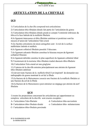 Sujet articulation de la cheville - Tronc Commun - Université Nangui Abrogoua