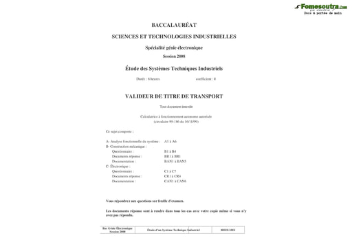 Présentation du sujet corrigé Valideur de titre de transport - Étude des système techniques industriels - BAC 2008