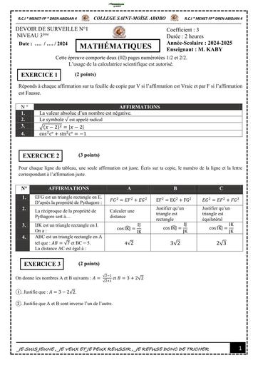 DEVOIR DE MATHS NIVEAU 3ième TRIMESTRE 2 COLLEGE SAINTE MOISE 2024 BY TEHUA