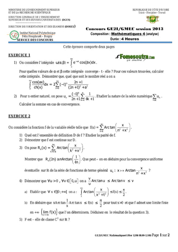 Sujet de Mathématique 4 concours GE2I/GMEC 2013