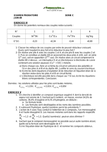 Sujet de Chimie 1 ère C examen Probatoire 1989