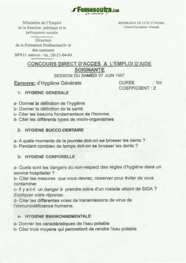 Sujet d'Hygiène Générale concours Aide Soignante 1997
