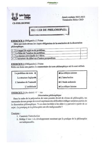 Sujet Philosophie Terminale D 2022-2023