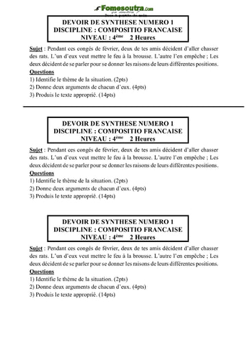 Devoir de synthèse Composition Française niveau 4eme - Collège Catholique M. Champagnat Korhogo