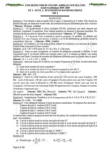 UFHB de Cocody TD1 DE STATISTIQUE+Corrigés UE1 ECUE1 by TEHUA