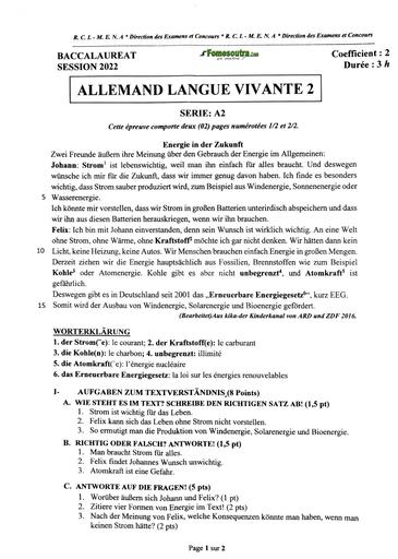 EPREUVE BAC 2022 ALLEMAND LV2 SERIE A2 COTE D'IVOIRE