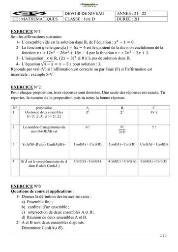 Sujet de Mathématique Niveau Première D Collège Sainte Foi