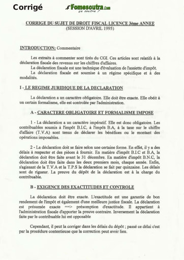 Corrigé Droit Fiscal octobre 1995 - Licence Droit