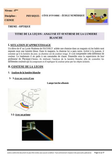 PC 4ème L4 Analyse et synthese de la lumiere blanche