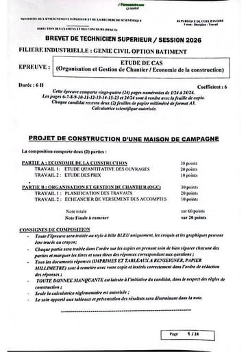 BTS CI Session 2026 FI Genie Civil option Bâtiment épreuve Étude de cas OGC EC By TEHUA