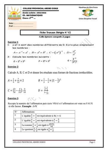 Fiche travaux dirigés 1B Mathematiques collége Provincial by Tehua.pdf