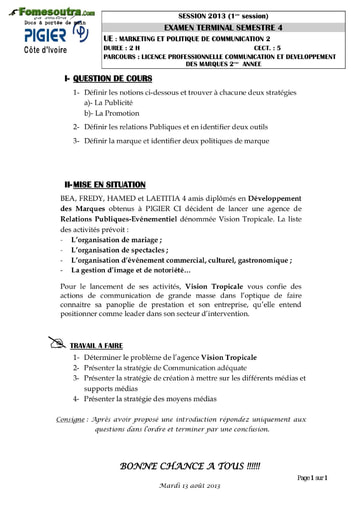 Marketing et Politique de Communication - Licence professionnelle CMD 2eme année - PIGIER (2013)