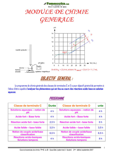 Cours Chimie Terminale D&C : Module de Chimie Générale