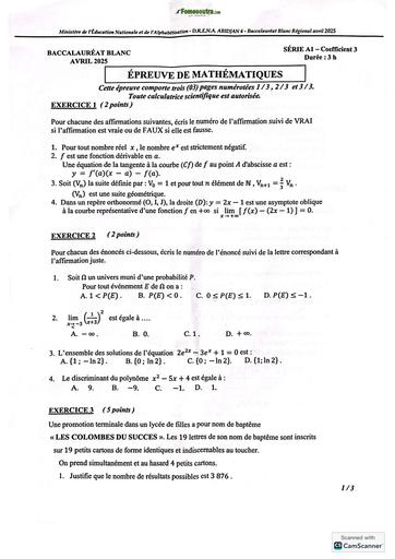 Bac blanc régional 2025 dren Abidjan 4 MATHS SERIE A1 SUJET BY TEHUA