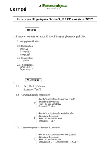 Corrigé de Physique Chimie BEPC 2012 zone 2