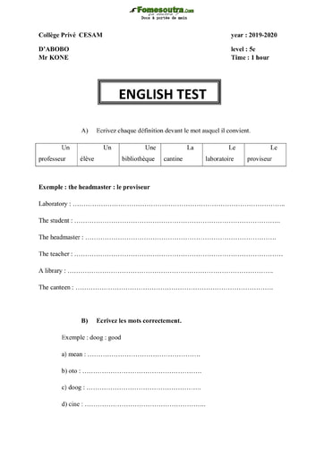Test d'Anglais niveau 5eme - Collège Privé CESAM