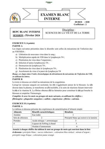 EXAMEN BLANC INTERNE SUJET SVT NIVEAU 3ième GS LES Scarabees COCODY RIVIERA 2 BY TEHUA