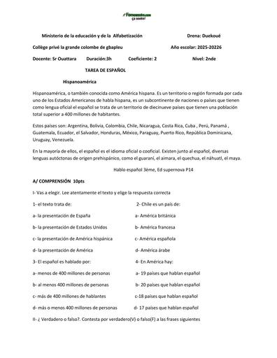 DEVOIR D'ESPAGNOL NIVEAU 2nde DUEKOUE by TEHUA