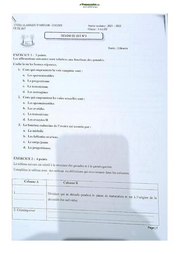 Sujet de SVT niveau Première D Lycée Classique Abidjan 2021-2022