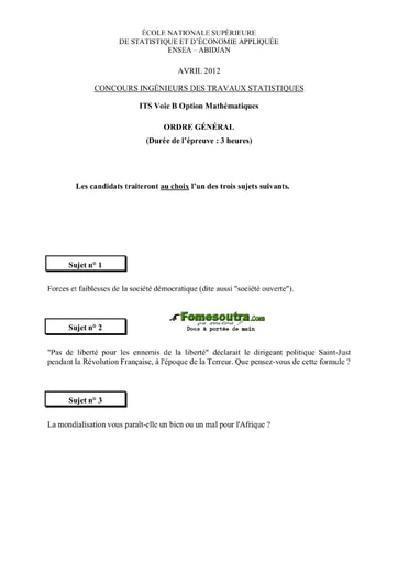 Sujet d'ordre générale ITS B option Maths 2012 (ENSEA)