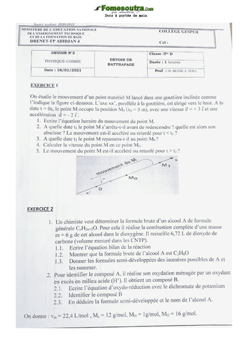 Devoir de Science Physique niveau Terminale D - Collège GESPER