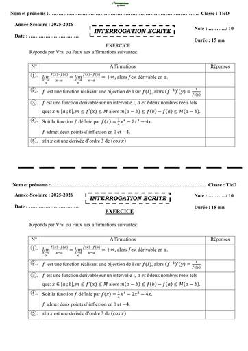 INTERROGATION ECRITE MATHS Tle D (dérivabilité) BY TEHUA