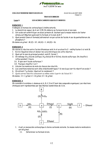 Sujets de chimie les acides carboxyliques et derivés niveau Terminale D - Collège Moderne HKB Tanguelan