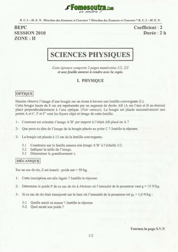 Sujet de Physique Chimie BEPC 2010 zone 2