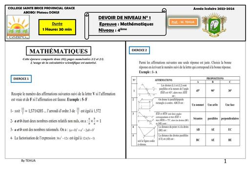 Devoir maths+ barème 4ieme deuxième trimestre by Tehua