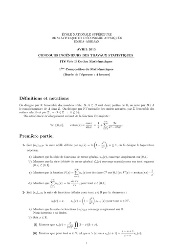 Sujet 1ère épreuve de maths ITS B option Maths 2013 (ENSEA)